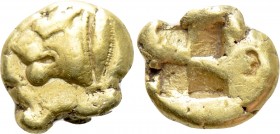MYSIA. Kyzikos. EL 1/12 or Hemihekte (Circa 550-500 BC). 

Obv: Head of lion left; to right, tunny upward.
Rev: Quadripartite incuse square.

Cf....