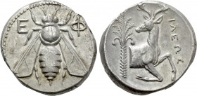 IONIA. Ephesos. Tetradrachm (Circa 394-295 BC). Ileos, magistrate.

Obv: Ε - Φ.
Bee.
Rev: IΛEΩΣ.
Forepart of stag right, head left; palm tree to ...