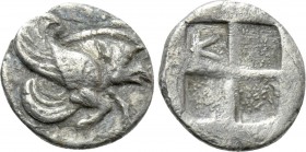 IONIA. Klazomenai. Diobol (Circa 5th century BC). 

Obv: Forepart of winged boar right.
Rev: Quadripartite incuse square; K within one quarter.

...