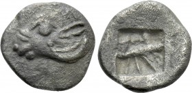 IONIA. Klazomenai. Hemiobol (5th century BC). 

Obv: Head of ram left.
Rev: Incuse square with irregular pattern.

SNG Ashmolean 1076; SNG Kayhan...