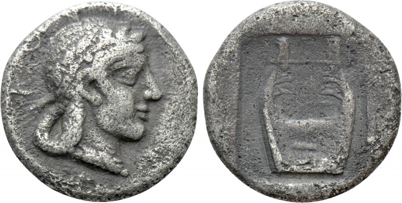 IONIA. Kolophon. 1/4 Drachm (Circa 450-410 BC). 

Obv: KOΛOΦΩNIΩN. 
Laureate ...
