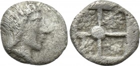 IONIA. Kolophon. Hemiobol (Circa 450-410 BC). 

Obv: Laureate head of Artemis right.
Rev: Quadripartite incuse square; pellet in centre; fields gra...