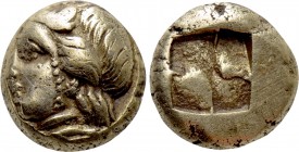 IONIA. Phokaia. EL Hekte (Circa 478-387 BC). 

Obv: Head of Io left; below, small seal left.
Rev: Quadripartite incuse square.

Bodenstedt 96. 
...