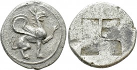 IONIA. Teos. Trihemiobol (Circa 544-494 BC).

Obv: Griffin seated right, raising forepaw.
Rev: Quadripartite incuse square.

Balcer 113; SNG Cope...