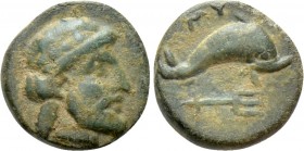 CARIA. Myndos. Ae (386-300 BC). 

Obv: Laureate head of Poseidon right.
Rev: MY. 
Dolphin swimming right; trident below.

BMC - ; SNG Copenhagen...
