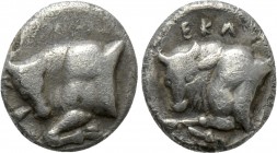 SATRAPS OF CARIA. Hekatomnos (Circa 392/1-377/6 BC). Diobol. Milesian standard. 

Obv: Forepart of bull butting left.
Rev: EKA. 
Forepart of bull ...