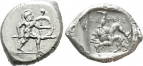 PAMPHYLIA. Aspendos. Stater (Circa 465-430 BC). 

Obv: Warrior advancing right, holding shield and spear.
Rev: EΣTFΔII. 
Triskeles over lion advan...