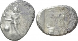 PAMPHYLIA. Side. Stater (Circa 400-350 BC). 

Obv: Athena standing left, supporting shield and spear and holding Nike; pomegranate to left.
Rev: Ap...