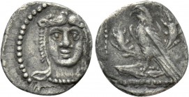 CILICIA. Uncertain. Obol (4th century BC). 

Obv: Facing head of Herakles, wearing lion skin.
Rev: Eagle standing left on horned head of stag; all ...