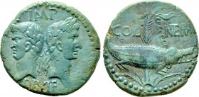 GAUL. Nemausus. Augustus with Agrippa (27 BC-14 AD). As. 

Obv: IMP / DIVI F. 
Heads of Agrippa, wearing combined rostral crown and laurel wreath, ...