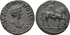 MOESIA INFERIOR. Odessus. Marcus Aurelius (161-180). Ae. 

Obv: ΑVΤ Κ Μ ΑΥΡ ΑΝΤ ΚΟΜΟΔΟϹ. 
Laureate head right.
Rev: ΟΔΗϹϹƐΙΤΩΝ. 
Emperor on horse...