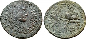 LYDIA. Tripolis. Pseudo-autonomous. Time of Elagabalus to Gallienus (218-268). 

Obv: ΙƐΡΑ ϹΥΝΚΛΗΤΟϹ. 
Draped bust of Senate right.
Rev: ΤΡΙΠΟΛƐΙΤ...