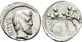 L. TITURIUS L.F. SABINUS. Denarius (89 BC). Rome. 

Obv: SABIN. 
Bareheaded and bearded head of King Tatius right; monogram to right.
Rev: L TITVR...