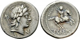 P. CREPUSIUS. Denarius (82 BC). Rome. 

Obv: Laureate head of Apollo right; behind, sceptre; below chin, control-symbol V.
Rev: P CREPVSI. 
Horsem...
