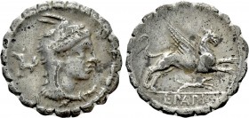 L. PAPIUS. Serrate Denarius (79 BC). Rome. 

Obv: Head of Juno Sospita right, wearing goat’s skin. Control: hare downward to left .
Rev: L PAPI. 
...