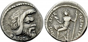 C. VIBIUS C.F. CN. PANSA CAETRONIANUS. Denarius (48 BC). Rome.

Obv: PANSA.
Mask of Pan right.
Rev: C VIBIVS C F CN IOVIS AXVR.
Jupiter Axurus se...