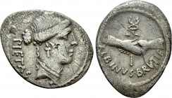 ALBINUS BRUTI F. Denarius (48 BC). Rome. 

Obv: PIETAS. 
Head of Pietas right.
Rev: ALBINVS BRVTI F. 
Caduceus superimposed by two clasping hands...