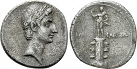 OCTAVIAN. Denarius (30-29 BC). Uncertain Italian mint, possibly Rome. 

Obv: Laureate head right, as Apollo.
Rev: IMP - CAESAR. 
Rostral column or...
