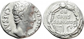 AUGUSTUS (27 BC-14 AD). Denarius. Uncertain mint in Spain, possibly Colonia Patricia. 

Obv: CAESAR AVGVSTVS. 
Bare head right.
Rev: OB / CIVIS / ...
