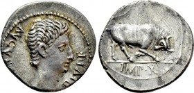 AUGUSTUS (27 BC-14 AD). Denarius. Lugdunum. 

Obv: AVGVSTVS DIVI F. 
Bare head right.
Rev: IMP X. 
Bull butting right.

RIC² 167a. 

Conditio...