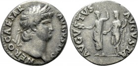 NERO (54-68). Denarius. Rome. 

Obv: NERO CAESAR AVGVSTVS. 
Laureate head right.
Rev: AVGVSTVS AVGVSTA. 
Nero, holding patera and sceptre, and Me...