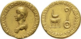 NERO (Caesar, 50-54). Aureus. Rome. 

Obv: NERO CLAVD CAES DRVSVS GERM PRINC IVVENT. 
Bareheaded and draped bust right.
Rev: SACERD COOPT IN OMN C...