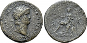 NERO (54-68). Sestertius. Rome. 

Obv: NERO CLAVD CAESAR AVG GER P M TR P IMP P P. 
Laureate head right.
Rev: S - C / ROMA. 
Roma seated left on ...