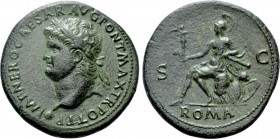 NERO (54-68). Sestertius. Lugdunum. 

Obv: IMP NERO CAESAR AVG PONT MAX TR POT PP. 
Laureate head left.
Rev: S C / ROMA. 
Roma, helmeted and in m...