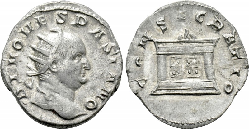DIVUS VESPASIAN (Died 79). Antoninianus. Struck under Trajanus Decius. 

Obv: ...