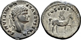 DOMITIAN (Caesar, 69-81). Denarius. Rome. 

Obv: CAESAR AVG F DOMITIANVS. 
Laureate head right.
Rev: COS IIII. 
Pegasus standing right, raising f...