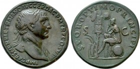 TRAJAN (98-117). Sestertius. Rome.

Obv: IMP CAES NERVAE TRAIANO AVG GER DAC P M TR P COS V P P.
Laureate bust right, with slight drapery.
Rev: S ...