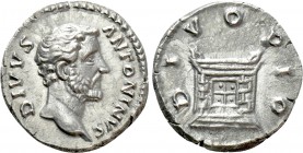 DIVUS ANTONINUS PIUS (Died 161). Denarius. Rome. Struck under Marcus Aurelius. 

Obv: DIVVS ANTONINVS. 
Head right.
Rev: DIVO PIO. 
Altar.

RIC...