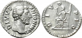 DIVUS ANTONINUS PIUS (Died 161). Denarius. Rome. 

Obv: DIVVS ANTONINVS. 
Bare head right.
Rev: DIVO PIO. 
Divus Antoninus Pius seated left on th...