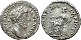 MARCUS AURELIUS (161-180). Denarius. Rome. 

Obv: M ANTONINVS AVG ARMENIACVS. 
Laureate head right.
Rev: P M TR P XIX IMP III COS III. 
Roma seat...