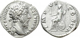 MARCUS AURELIUS (161-180). Denarius. Rome. 

Obv: M ANTONINVS AVG TR P XXVI. 
Laureate head right.
Rev: IMP VI COS III. 
Roma seated left, holdin...