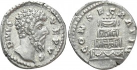 DIVUS LUCIUS VERUS (Died 169). Denarius. Rome. 

Obv: DIVVS VERVS. 
Bare head right.
Rev: CONSECRATIO. 
Garlanded four-tiered funeral pyre, surmo...