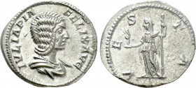 JULIA DOMNA (Augusta, 193-217). Denarius. Rome. 

Obv: IVLIA PIA FELIX AVG. 
Draped bust right.
Rev: VESTA. 
Vesta standing left, holding sceptre...