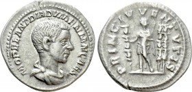 DIADUMENIAN (Caesar, 217-218). Denarius. Rome.

Obv: M OPEL ANT DIADVMENIAN CAES.
Bareheaded and draped bust right.
Rev: PRINC IVVENTVTIS.
Diadum...