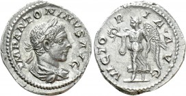 ELAGABALUS (218-222). Denarius. Rome. 

Obv: IMP ANTONINVS AVG. 
Laureate and draped bust right.
Rev: VICTORIA AVG. 
Victory standing left, holdi...