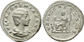 JULIA SOAEMIAS (Augusta, 218-222). Denarius. Rome. 

Obv: IVLIA SOAEMIAS AVG. 
Draped bust right.
Rev: VENVS CAELESTIS. 
Venus seated left on thr...