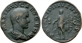 MAXIMUS (Caesar, 235/6-238). Sestertius. Rome. 

Obv: MAXIMVS CAES GERM. 
Bareheaded and draped bust right.
Rev: PRINCIPI IVVENTVTIS / S - C. 
Ma...