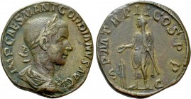GORDIAN III (238-244). Sestertius. Rome. 

Obv: IMP CAES M ANT GORDIANVS AVG. 
Laureate, draped and cuirassed bust right.
Rev: P M TR P II COS P P...