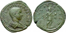 PHILIP II (Caesar, 244-247). Sestertius. Rome. 

Obv: M IVL PHILIPPVS CAES. 
Bare-headed and draped bust right.
Rev: PRINCIPI IVVENT / S - C. 
Pr...