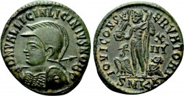 LICINIUS I (308-324). Follis. Cyzicus. 

Obv: DN VAL LICIN LICINIVS NOB C. 
Helmeted and cuirassed bust left, holding spear and shield.
Rev: IOVI ...