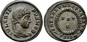 CRISPUS (Caesar, 316-326). Follis. Siscia. 

Obv: IVL CRISPVS NOB C. 
Laureate head right.
Rev: CAESARVM NOSTRORVM / ΓSIS (star). 
VOT / V in two...