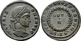 CRISPUS (Caesar, 316-326). Follis. Siscia. 

Obv: IVL CRISPVS NOB C. 
Laureate head right.
Rev: CAESARVM NOSTRORVM / BSIS (star). 
VOT / V in two...