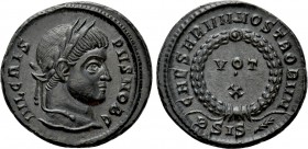 CRISPUS (Caesar, 316-326). Follis. Siscia. 

Obv: IVL CRISPVS NOB C. 
Laureate head right.
Rev: CAESARVM NOSTRORVM / BSIS (palm). 
VOT / X in two...