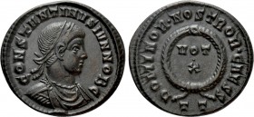 CONSTANTINE II (Caesar, 316-337). Follis. Ticinum. 

Obv: CONSTANTINVS IVN NOB C. 
Laureate, draped and cuirassed bust right.
Rev: DOMINOR NOSTROR...