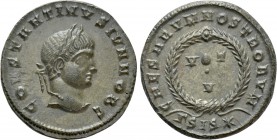 CONSTANTINE II (Caesar, 316-337). Follis. Siscia. 

Obv: CONSTANTINVS IVN NOB C. 
Laureate head right.
Rev: CAESARVM NOSTRORVM / ΓSIS(star). 
VOT...