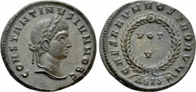 CONSTANTINE II (Caesar, 316-337). Follis. Siscia. 

Obv: CONSTANTINVS IVN NOB C. 
Laureate head right.
Rev: CAESARVM NOSTRORVM / ΔSIS(star). 
VOT...